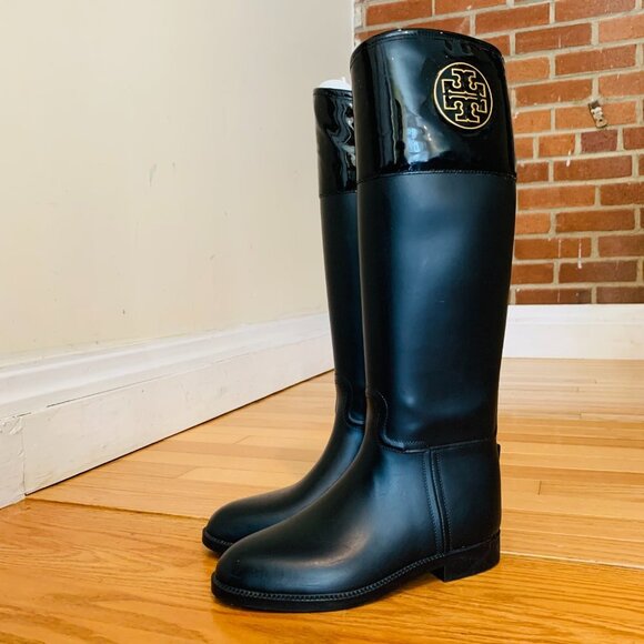 TORY BURCH Black Rain Riding Boots Boots AIGLE Women’s Size 7 B - Picture 1 of 16